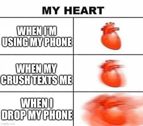A title that is creative | When I’m using my phone; When my crush texts me; When I drop my phone | image tagged in my heart blank,remix | made w/ Imgflip meme maker