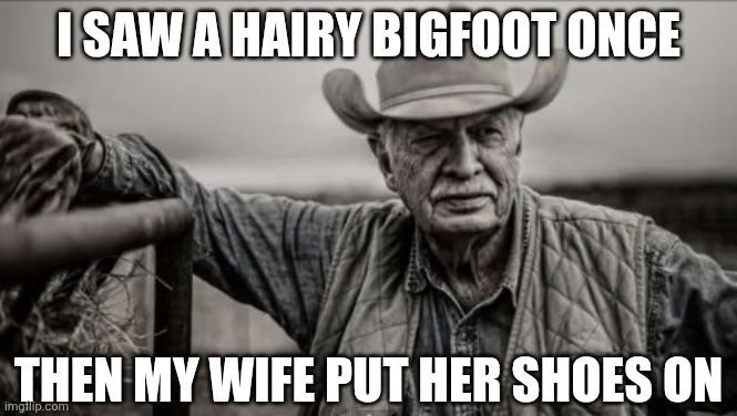 Why do Bigfoots only exist in forests? Huh? | I saw a hairy bigfoot once; Then my wife put her shoes on | image tagged in so god made a farmer,bigfoot,thinking,seems legit,supernatural,legend | made w/ Imgflip meme maker