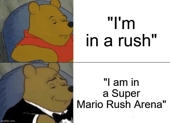 Obscure Mario Fangame Reference | "I'm in a rush"; "I am in a Super Mario Rush Arena" | image tagged in memes,tuxedo winnie the pooh | made w/ Imgflip meme maker