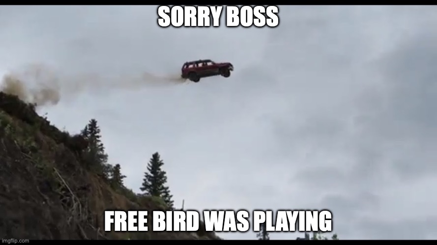 Random Thought of the Day | Sorry Boss; Free Bird was Playing | image tagged in flying car,random,ssenmodnar | made w/ Imgflip meme maker