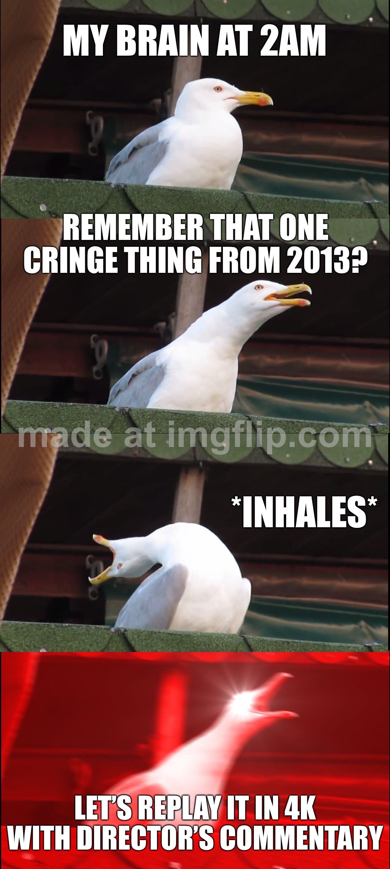 MY BRAIN AT 2AM; REMEMBER THAT ONE CRINGE THING FROM 2013? | MY BRAIN AT 2AM; REMEMBER THAT ONE CRINGE THING FROM 2013? *inhales*; LET’S REPLAY IT IN 4K WITH DIRECTOR’S COMMENTARY | image tagged in memes,inhaling seagull,brain,3am,scumbag brain,cringe | made w/ Imgflip meme maker
