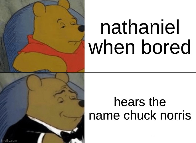 Tuxedo Winnie The Pooh | nathaniel when bored; hears the name chuck norris | image tagged in memes,tuxedo winnie the pooh | made w/ Imgflip meme maker