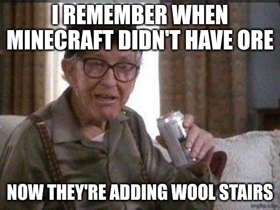 Brother wtf are wool stairs | I remember when Minecraft didn't have ore; Now they're adding wool stairs | image tagged in grumpy old man,remix | made w/ Imgflip meme maker