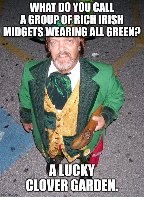 irish | What do you call a group of rich Irish midgets wearing all green? A lucky clover garden. | image tagged in irish midget | made w/ Imgflip meme maker