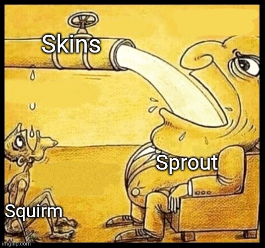 Squirm only has one skin (which is limited to the Easter event) while Sprout has been getting a skin each new update. | Skins; Sprout; Squirm | image tagged in fat guy drinking water,roblox,memes,dandy,dandy's world,roblox meme | made w/ Imgflip meme maker