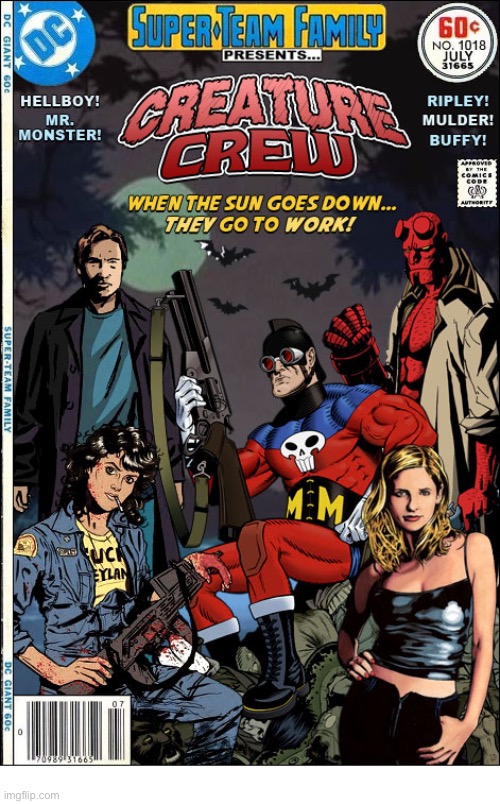 Alien and monster hunters united! | image tagged in comics,creature crew,crossover,super team family,5 characters | made w/ Imgflip meme maker
