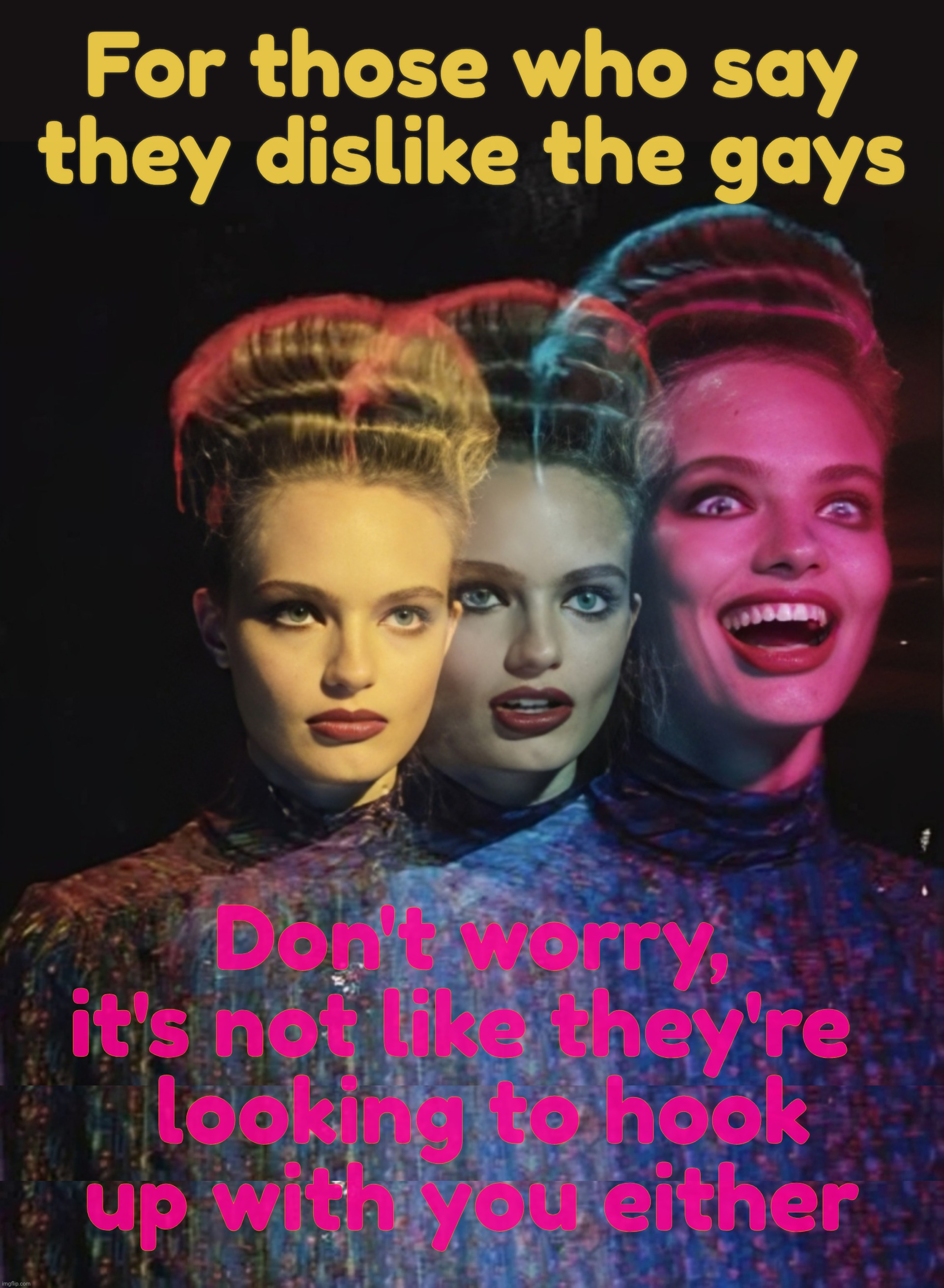For those who say they dislike the gays; Don't worry, it's not like they're 
 looking to hook
up with you either | image tagged in hardy har har ii | made w/ Imgflip meme maker