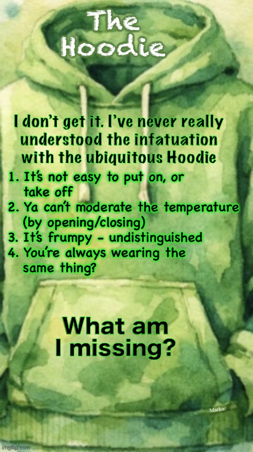 I mean….  It’s a Sweatshirt | The
Hoodie; I don’t get it. I’ve never really

understood the infatuation
with the ubiquitous Hoodie; 1. It’s not easy to put on, or

   take off

2. Ya can’t moderate the temperature
   (by opening/closing)
3. It’s frumpy - undistinguished
4. You’re always wearing the
   same thing? What am I missing? Marko | image tagged in memes,hoodie,i cant be bothered,hey lefty kissmyass,fjb voters gotohell,are you wearing that same rag again | made w/ Imgflip meme maker