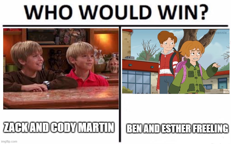 For best pair of siblings who reside in a hotel with their divorced mother. | Zack and Cody Martin; Ben and Esther Freeling | image tagged in memes,who would win,the suite life of zack and cody,haunted hotel,disney channel,netflix | made w/ Imgflip meme maker