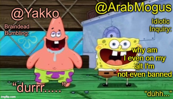 Yakko and ArabMogus’s shared temp | why am I even on my alt I'm not even banned | image tagged in yakko and arabmogus s shared temp | made w/ Imgflip meme maker