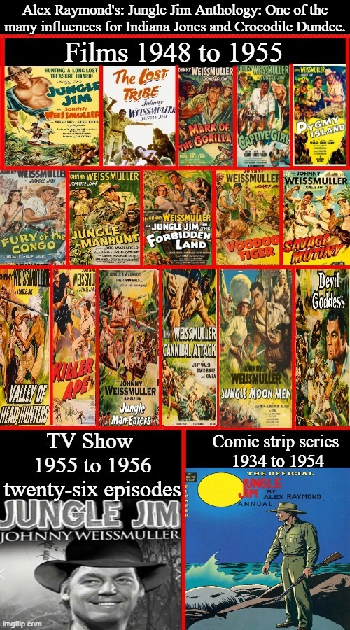 Jungle Jim Anthology | Alex Raymond's: Jungle Jim Anthology: One of the many influences for Indiana Jones and Crocodile Dundee. Films 1948 to 1955 | image tagged in johnny weissmuller,jungle jim,indiana jones,crocodile dundee,google images,memes | made w/ Imgflip meme maker