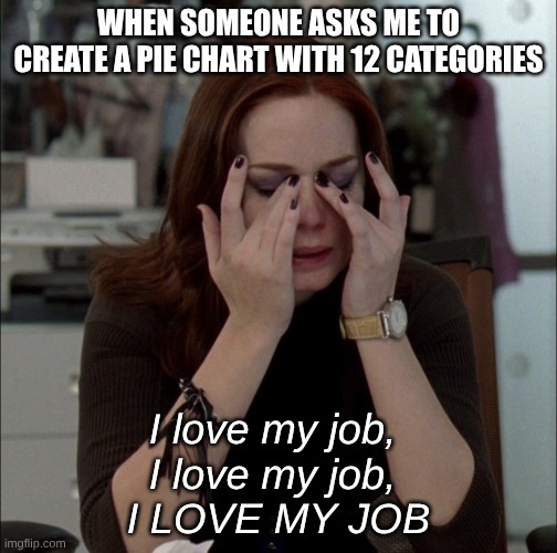 Emily I love my job | When someone asks me to create a pie chart with 12 categories; I love my job, 
I love my job, 
I LOVE MY JOB | image tagged in emily i love my job | made w/ Imgflip meme maker
