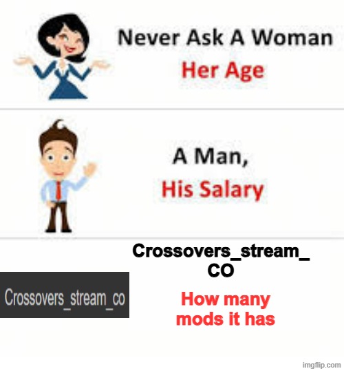 Never ask that about the stream | Crossovers_stream_ CO; How many mods it has | image tagged in never ask a woman her age | made w/ Imgflip meme maker