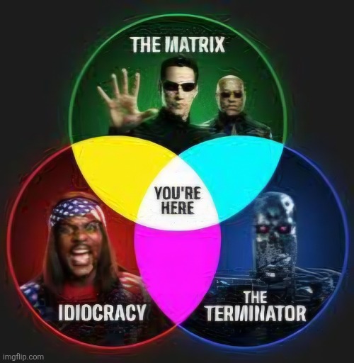 Stuck in the middle with you | image tagged in venn diagram,matrix,terminator,idiocracy,you are here | made w/ Imgflip meme maker