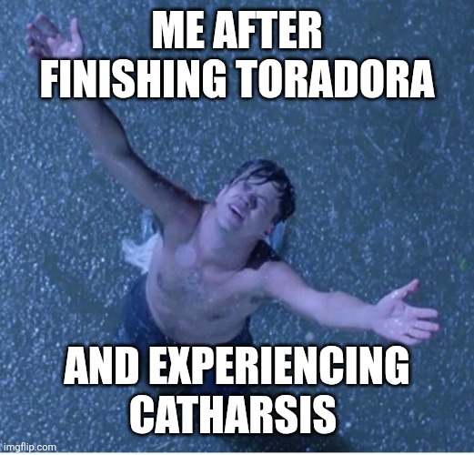 Finished Toradora | Me after finishing Toradora; And experiencing catharsis | image tagged in shawshank redemption freedom | made w/ Imgflip meme maker