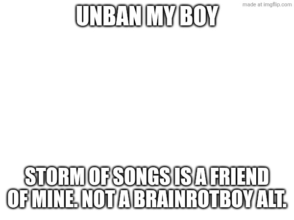 Unban my boy; Storm of songs is a friend of mine. Not a brainrotboy alt. | made w/ Imgflip meme maker