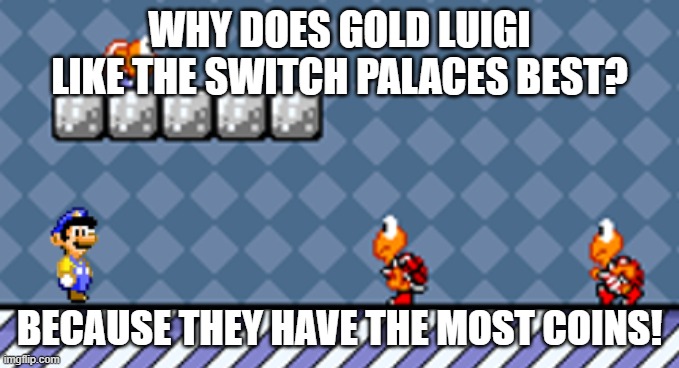 Luigi in Switch Palace | why does gold luigi like the switch palaces best? because they have the most coins! | image tagged in luigi in switch palace | made w/ Imgflip meme maker