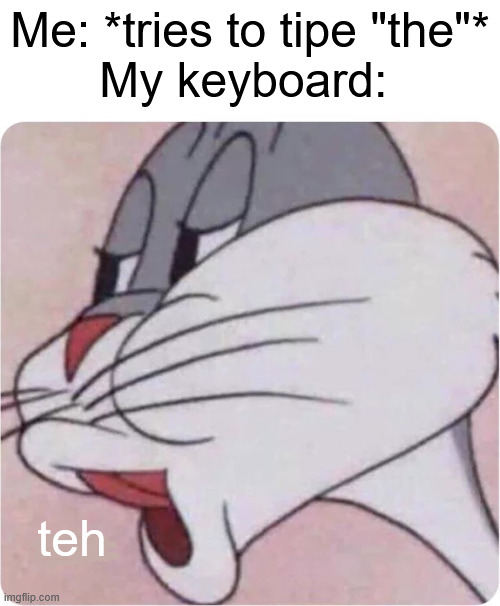 Why does this alwais keep hapening when i tipe fast | Me: *tries to tipe "the"*
My keyboard:; teh | image tagged in bugs bunny no,english,keyboard,relatable,memes | made w/ Imgflip meme maker