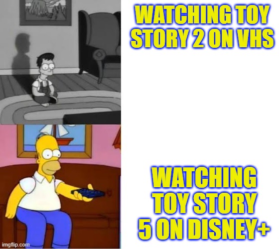 Young and Old Homer Simpson watching Toy Story | watching Toy Story 2 on VHS; watching Toy Story 5 on disney+ | image tagged in young and old homer simpson watch tv,toy story,toy story 5,the simpsons | made w/ Imgflip meme maker