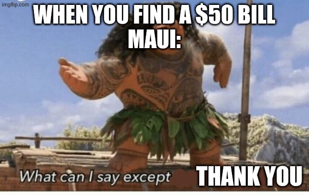 Moana maui what can I say except blank | when you find a $50 bill

Maui:; thank you | image tagged in moana maui what can i say except blank | made w/ Imgflip meme maker
