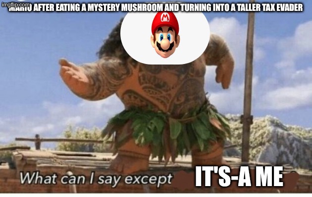 Moana maui what can I say except blank | MARIO AFTER EATING A MYSTERY MUSHROOM AND TURNING INTO A TALLER TAX EVADER; IT'S-A ME | image tagged in moana maui what can i say except blank | made w/ Imgflip meme maker
