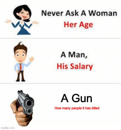 Never ask a woman her age | A Gun; How many people it has killed | image tagged in never ask a woman her age,remix | made w/ Imgflip meme maker
