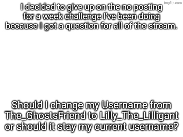 Should I change my username? | I decided to give up on the no posting for a week challenge I've been doing because I got a question for all of the stream. Should I change my Username from The_GhostsFriend to Lilly_The_Lilligant or should it stay my current username? | made w/ Imgflip meme maker