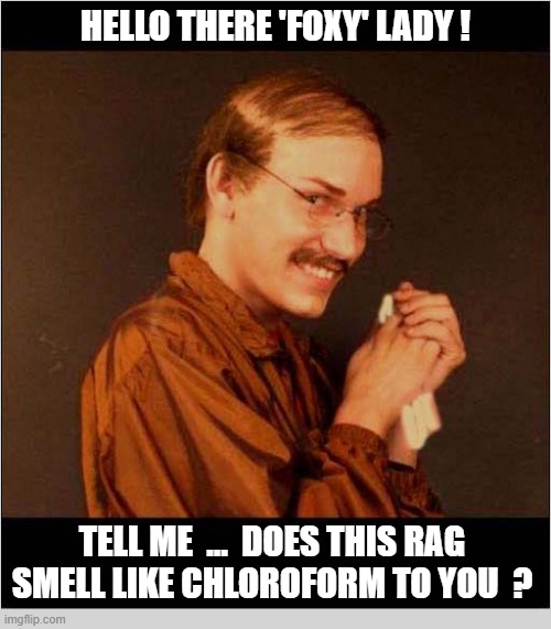 Bad Things To Say On A First Date | hello there 'foxy' lady ! Tell me  ...  Does this rag
smell like chloroform to you  ? | image tagged in first date,creepy guy,chloroform | made w/ Imgflip meme maker
