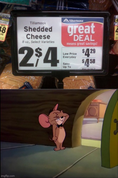 *Shredded cheese | image tagged in jerry is shocked,cheese,spelling error,memes,dairy,you had one job | made w/ Imgflip meme maker