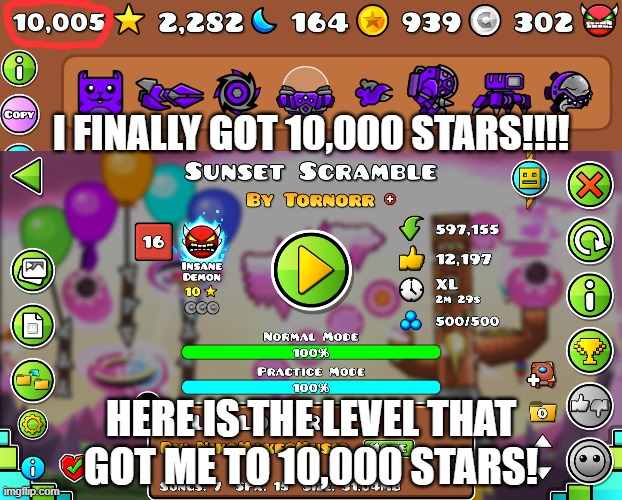 This is probably my new favorite level now | I finally got 10,000 stars!!!! Here is the level that got me to 10,000 stars! | image tagged in 10000 stars,sunset scramble | made w/ Imgflip meme maker