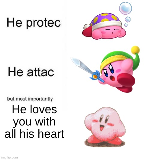 He protec he attac but most importantly | He loves you with all his heart | image tagged in he protec he attac but most importantly | made w/ Imgflip meme maker