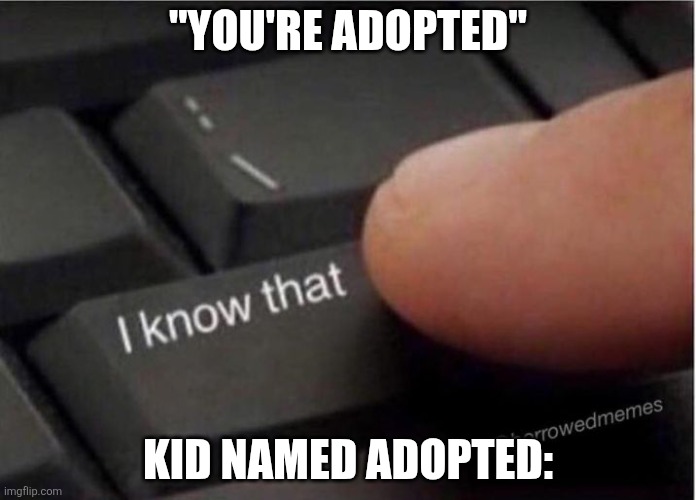 "Yes I know that mom/dad/etc. why did you forget?" | "You're adopted"; Kid named adopted: | image tagged in i know that keyboard,anti meme,kid named,adopted | made w/ Imgflip meme maker