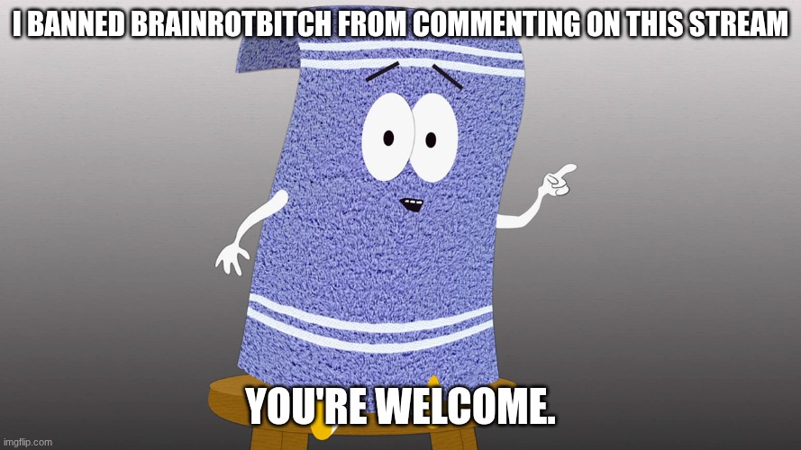 Nobody would do it, so I had to do it. He can cry about it. | I banned BrainrotBITCH from commenting on this stream; You're welcome. | image tagged in southpark towelie but first | made w/ Imgflip meme maker