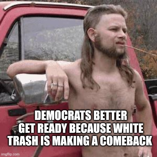almost redneck | Democrats better get ready because white trash is making a comeback | image tagged in almost redneck | made w/ Imgflip meme maker