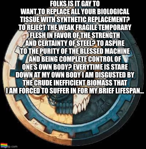 Praise the omnissiah | Folks is it gay to want to replace all your biological tissue with synthetic replacement? To reject the weak fragile temporary flesh in favor of the strength and certainty of steel? To aspire to the purity of the blessed machine and being complete control of one’s own body? Everytime is stare down at my own body I am disgusted by the crude inefficient biomass that i am forced to suffer in for my brief lifespan… | image tagged in theres a microscopic pride flag,in the bottom left hand corner,so its technically gay | made w/ Imgflip meme maker