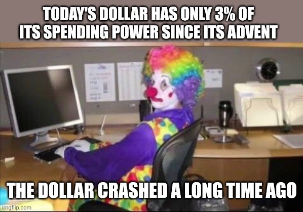 D423vCSXsAAFJNg.jpg | Today's dollar has only 3% of its spending power since its advent; The dollar crashed a long time ago | image tagged in d423vcsxsaafjng jpg | made w/ Imgflip meme maker