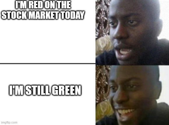 Stonks!!! | I'm red on the stock market today; I'm still green | image tagged in reverse disappointed black guy,stock market,stocks | made w/ Imgflip meme maker