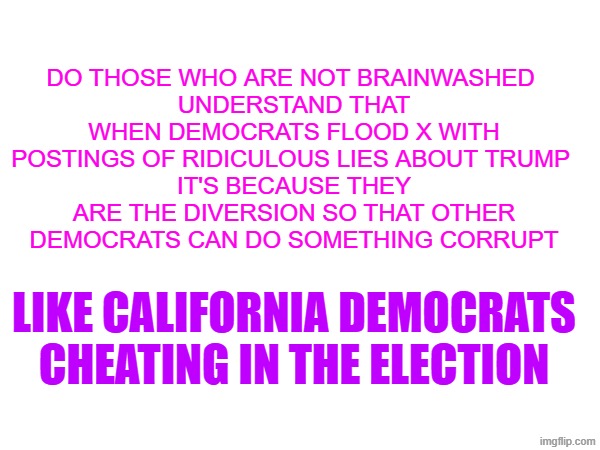 california democrats cheating | Do those who are NOT brainwashed 
understand that when democrats flood X with postings of ridiculous lies about Trump 
it's because they are the diversion so that other democrats can do something corrupt; like California democrats cheating in the election | made w/ Imgflip meme maker