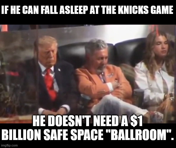 If he can fall asleep at the Knicks game; he doesn't need a $1 billion safe space "ballroom". | made w/ Imgflip meme maker