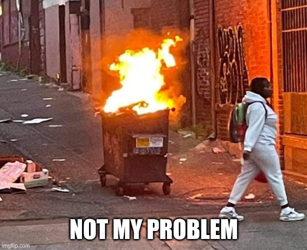 Walking Away From a  Dumpster Fire | not my problem | image tagged in walking away from a dumpster fire | made w/ Imgflip meme maker