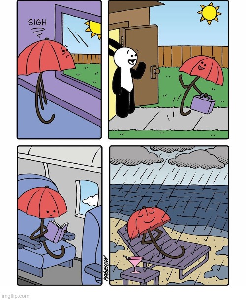 Buni Comics | image tagged in comics,buni comics,umbrella,vacation,rainy,fulfilling a purpose | made w/ Imgflip meme maker