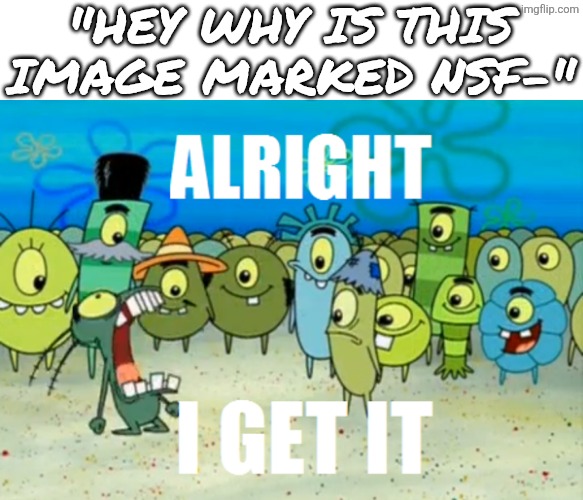 Fun fact: if you say any kind of curse word or spell nfsw correctly, the meme will be marked that for some stupid reason | "Hey why is this image marked nsf-" | image tagged in alright i get it,plankton,plankton maximum overdrive,spongebob,lol so funny,memes | made w/ Imgflip meme maker