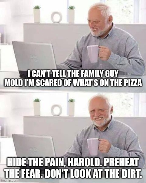 heat death of slop | I CAN’T TELL THE FAMILY GUY MOLD I’M SCARED OF WHAT’S ON THE PIZZA; HIDE THE PAIN, HAROLD. PREHEAT THE FEAR. DON’T LOOK AT THE DIRT. | image tagged in memes,hide the pain harold,ai slop | made w/ Imgflip meme maker