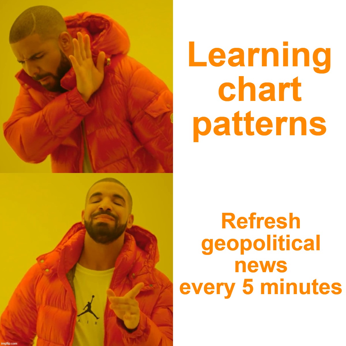 The lesson isn't to ignore charts.  The lesson is that markets are connected to the real world. | Learning chart patterns; Refresh geopolitical news every 5 minutes | image tagged in memes,drake hotline bling | made w/ Imgflip meme maker