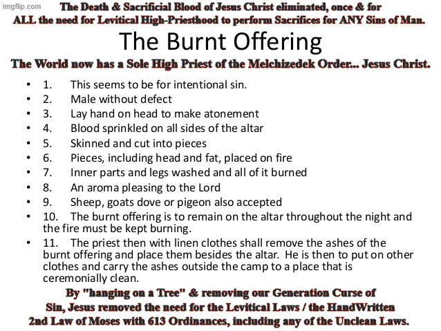 Lev 11 - Commanded to not eat Unclean Pork & Shellfish Burnt Offering Melchizedek Order for Meme | The Death & Sacrificial Blood of Jesus Christ eliminated, once & for ALL the need for Levitical High-Priesthood to perform Sacrifices for ANY Sins of Man. The World now has a Sole High Priest of the Melchizedek Order... Jesus Christ. By "hanging on a Tree" & removing our Generation Curse of Sin, Jesus removed the need for the Levitical Laws / the HandWritten 2nd Law of Moses with 613 Ordinances, including any of the Unclean Laws. | image tagged in burnt sacrifices offerings lev jpg | made w/ Imgflip meme maker