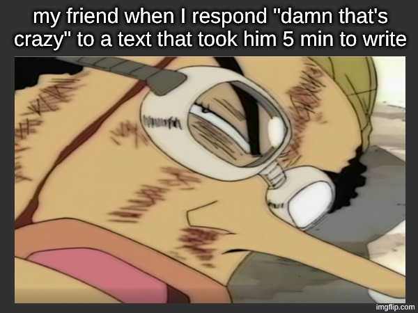x | my friend when I respond "damn that's crazy" to a text that took him 5 min to write | image tagged in onepiece,usopp,texts | made w/ Imgflip meme maker