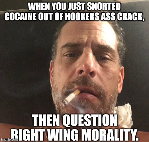 Fake morals | When you just snorted cocaine out of hookers ass crack, then question right wing morality. | image tagged in hunter biden | made w/ Imgflip meme maker