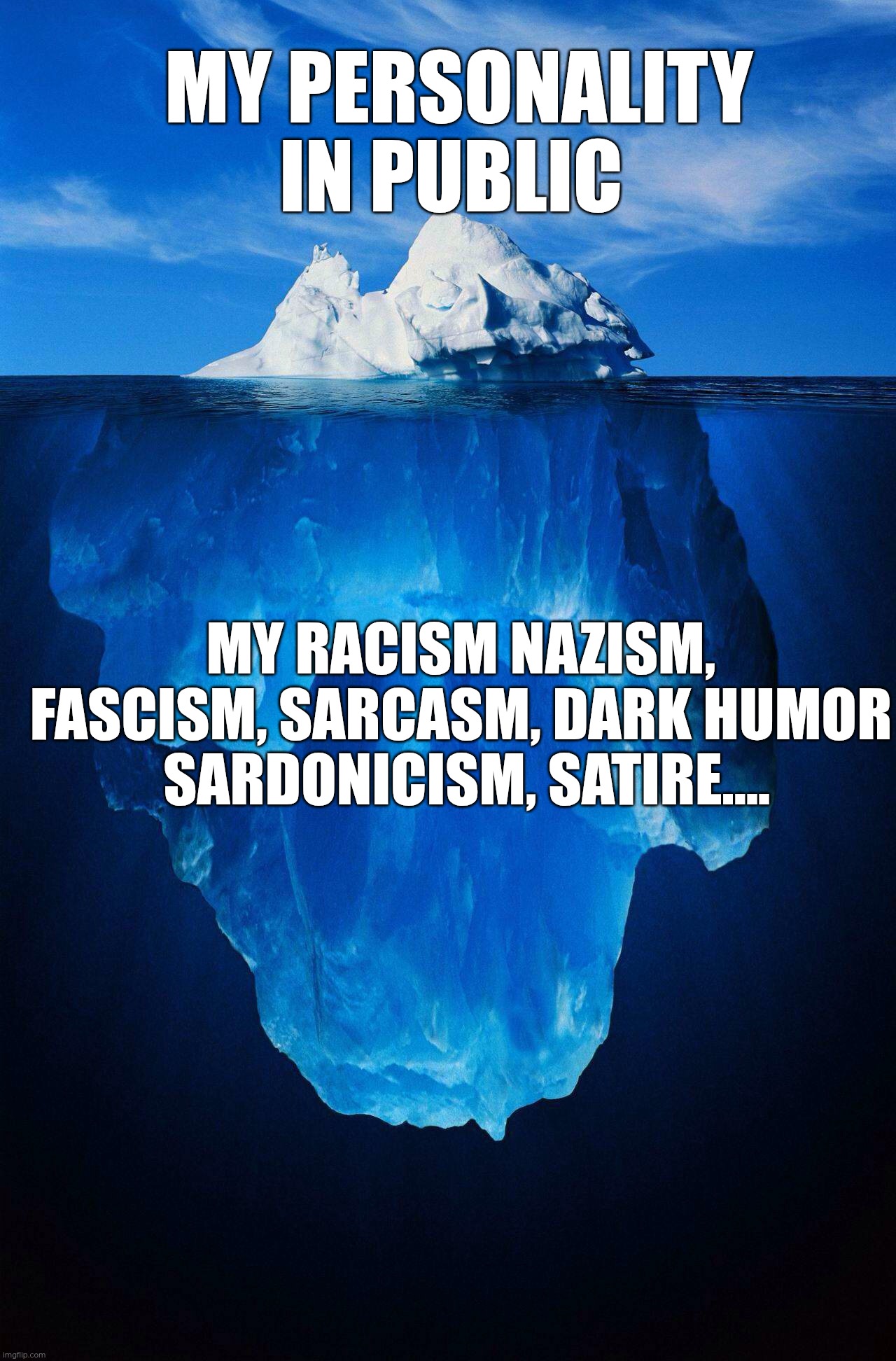 iceberg | my personality in public; my racism nazism, fascism, sarcasm, dark humor   Sardonicism, satire.... | image tagged in iceberg,nazis,fascism,sarcasm | made w/ Imgflip meme maker