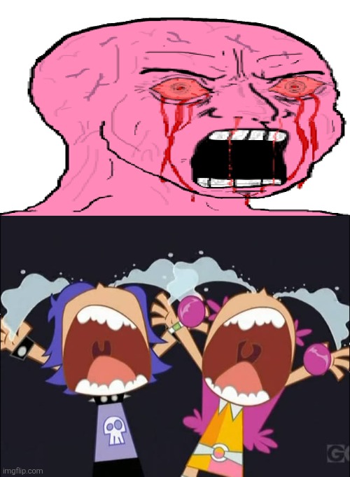 Raging Wojak makes Ami and Yumi cry loudly. (I suppose this has gone too far from here) | image tagged in hi hi puffy amiyumi,puffy amiyumi,wojak,rage,crying,angry | made w/ Imgflip meme maker