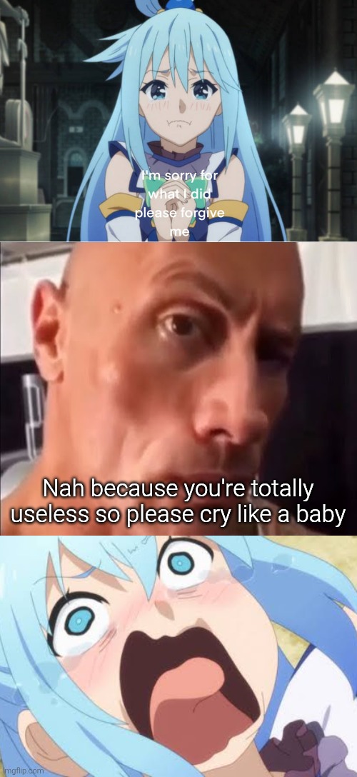 The Rock doesn't forgive the whining water goddess for blah blah blah (satire). | Nah because you're totally useless so please cry like a baby | image tagged in konosuba,aqua,dwayne johnson,the rock,crying,anime | made w/ Imgflip meme maker